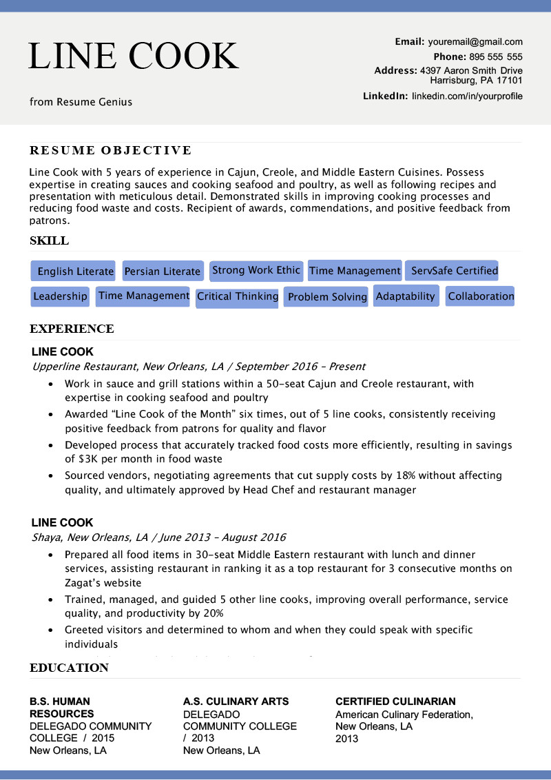 Sample Resume format for Indian Cook Line Cook Resume Sample & Writing Tips