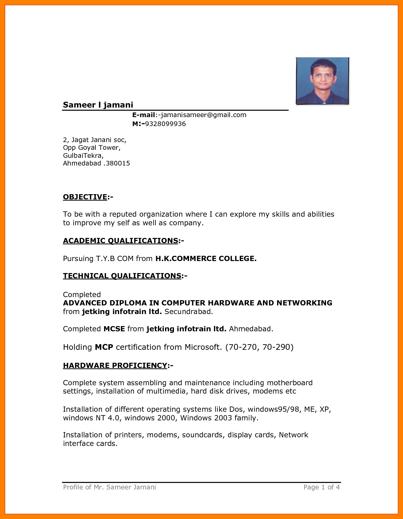 Simple Sample Resume format Free Download Simple Resume format Download In Ms Word