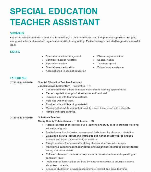 Special Education Teacher Aide Resume Samples Special Education Teacher assistant Resume Example