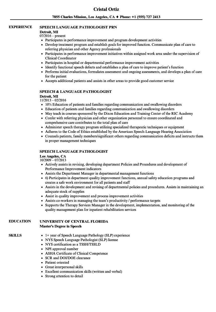 Speech Language Pathologist Slp Resume Sample Resume Templates Speech Language Pathologist Slp Resume