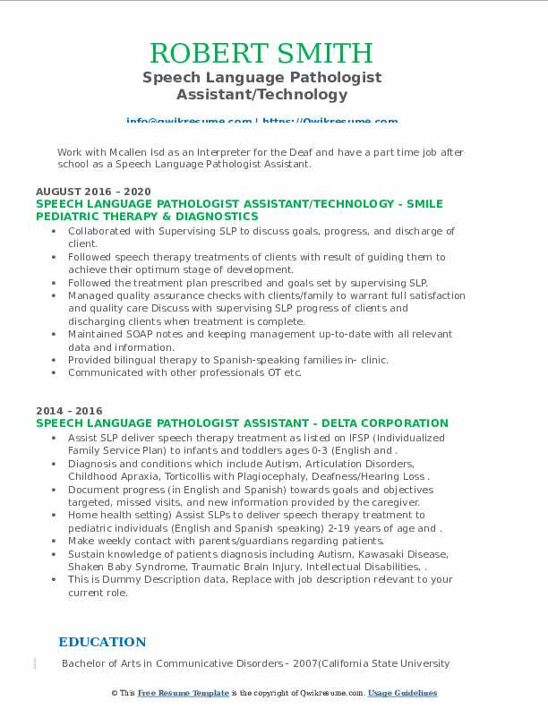 Speech Language Pathology assistant Resume Sample Speech Language Pathologist assistant Resume Samples