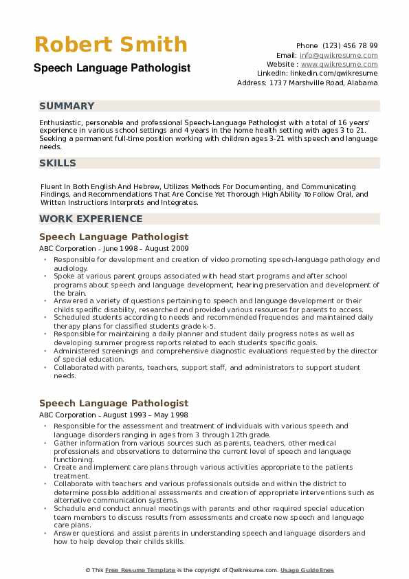 Speech Language Pathology assistant Resume Sample Speech Language Pathologist Resume Samples