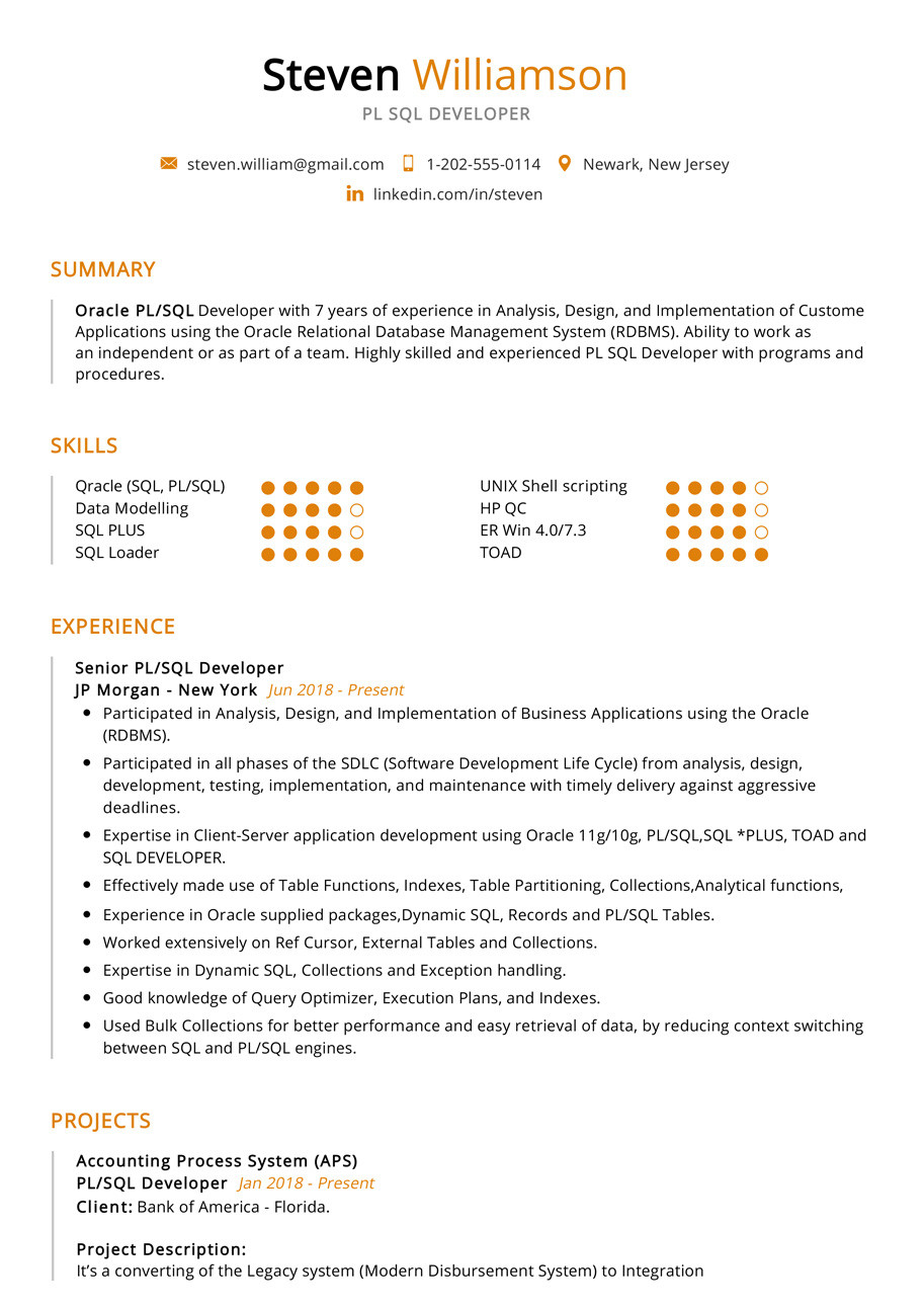 Sql Developer Sample Resume for Experienced Pl Sql Developer Resume Sample