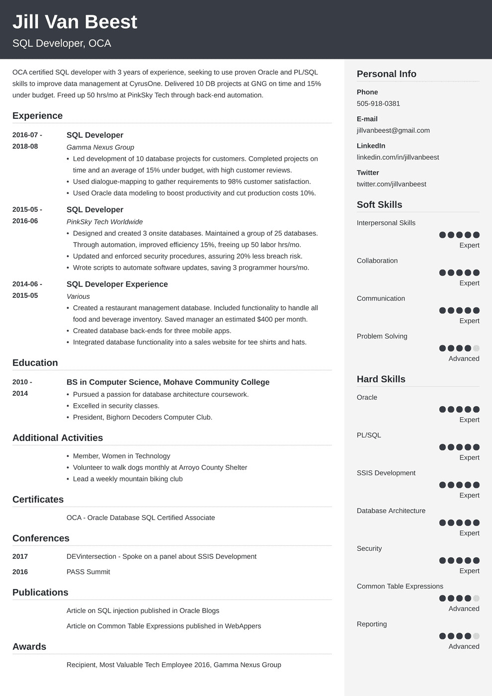 Sql Developer Sample Resume for Experienced Sql Developer Resume Sample 20 Examples & Tips