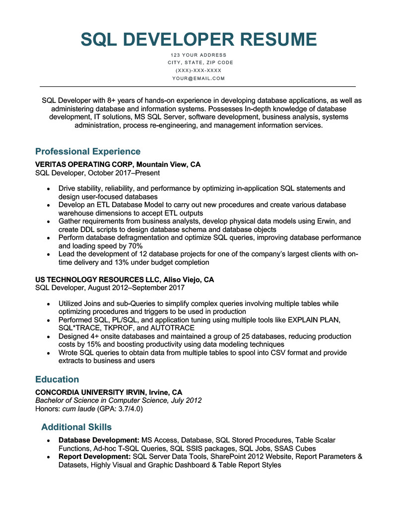 Sql Developer Sample Resume for Experienced Sql Developer Resume [sample & Writing Tips]