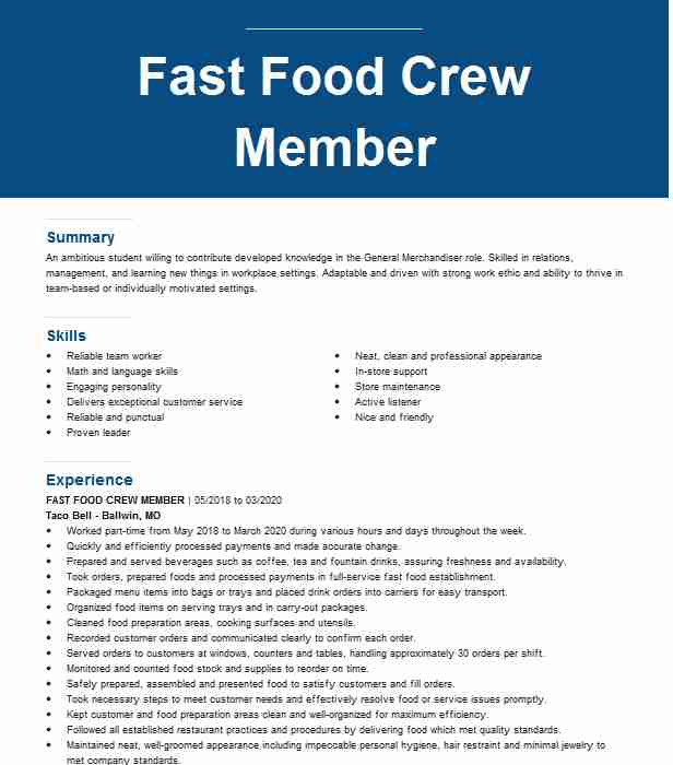 Taco Bell Team Member Resume Sample Cashier Fast Food Crew Trainer Resume Example Taco Bell
