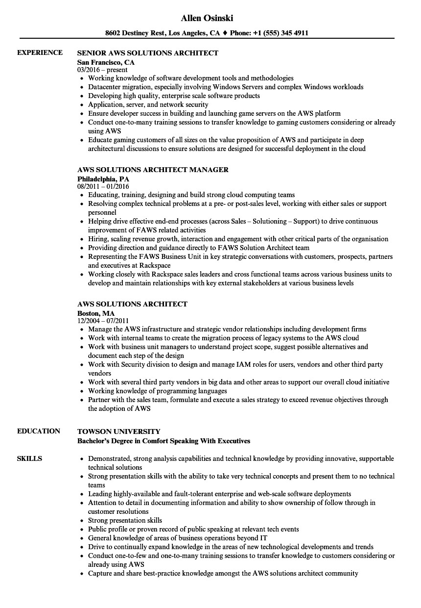 Aws Certified solutions Architect Resume Sample Aws solutions Architect Resume Samples