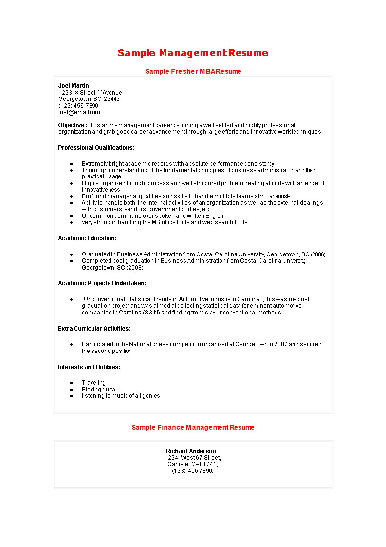 Best Resume Samples for Mba Freshers Best Mba Fresher Resume Sample