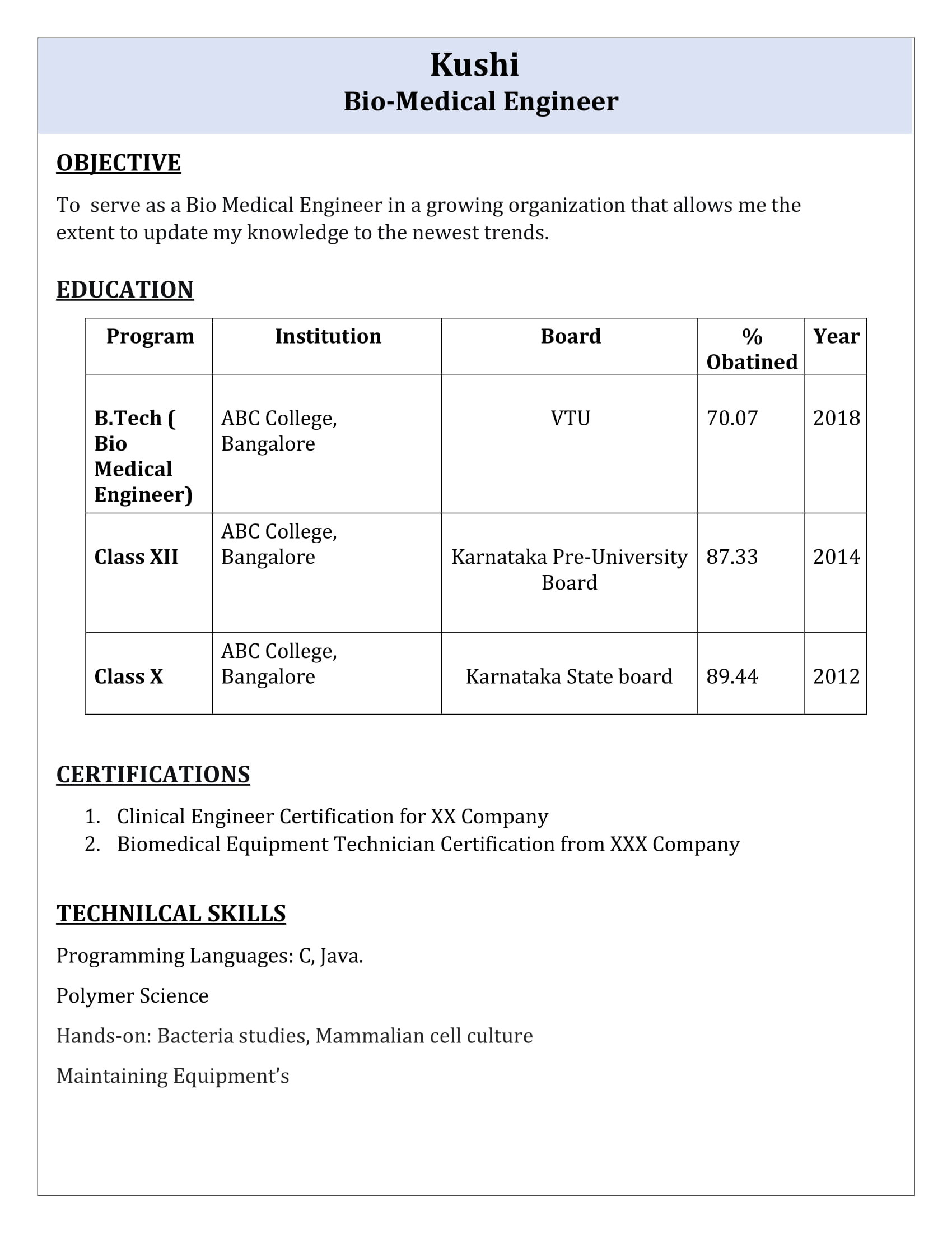 Biomedical Engineering Resume Samples for Freshers Fresher Biomedical Engineering Resume Template 1