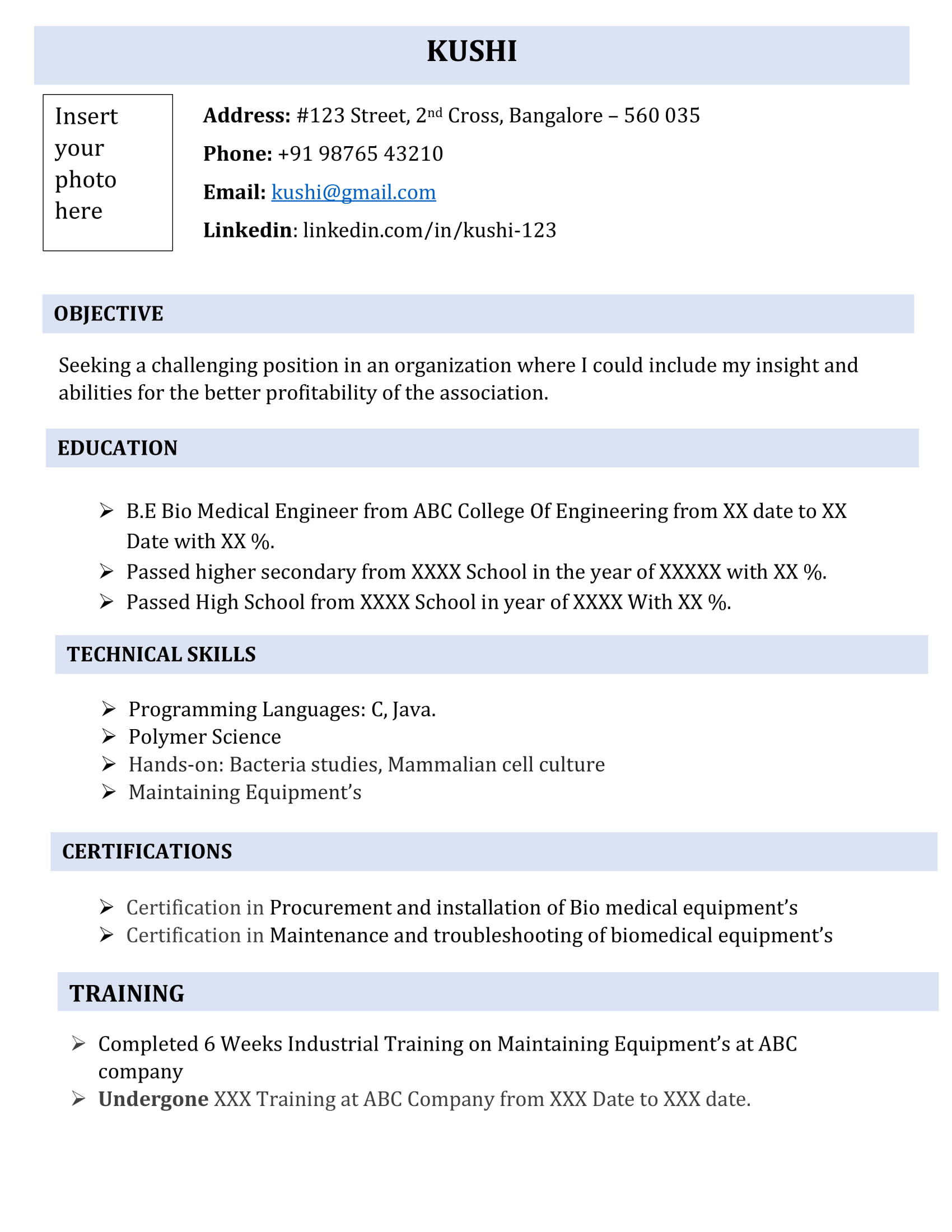 Biomedical Engineering Resume Samples for Freshers Fresher Biomedical Engineering Resume Template 4 Biomedical Engineering Resume Samples for Freshers Fresher Biomedical Engineering Resume Template 4