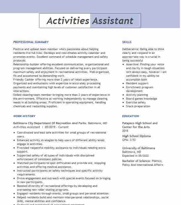 Boys and Girls Club Resume Sample Activities assistant Resume Example Boys & Girls Club