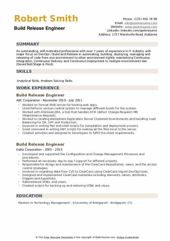 Build and Release Engineer Sample Resume Build Release Engineer Resume Samples