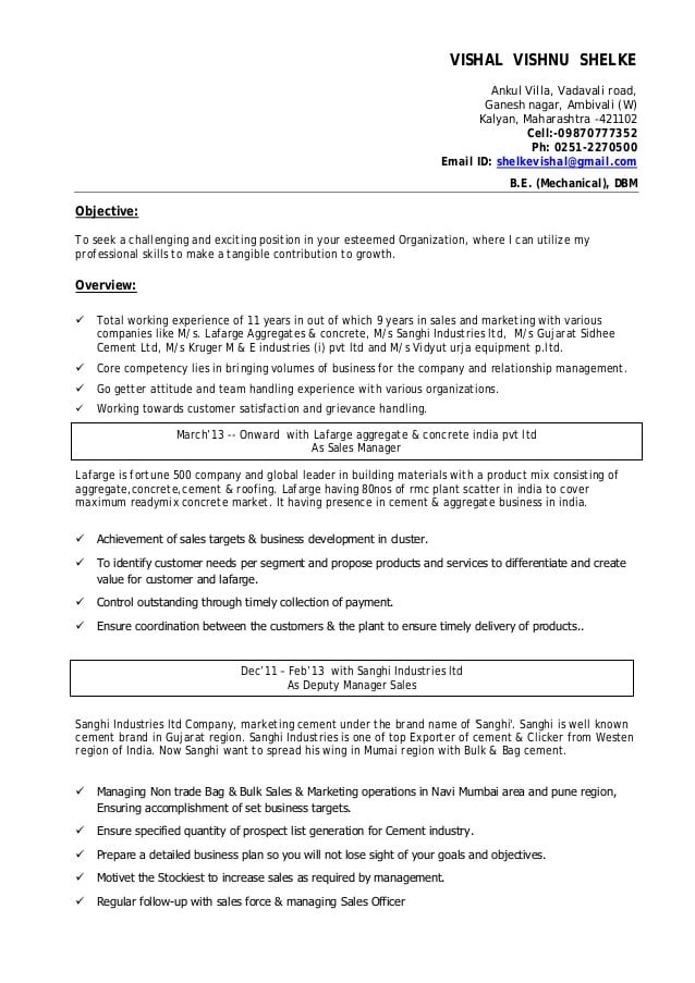 Building Material Sales Executive Resume Sample Vishal Shelke Cv Sales Professional In Building
