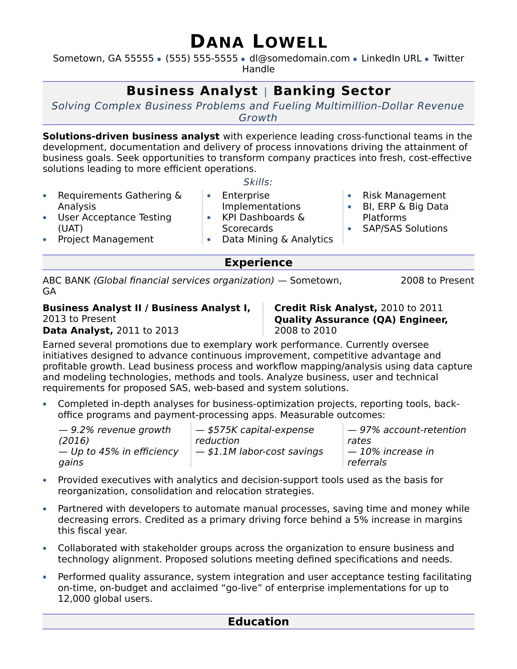 Business Analyst Resume Samples for Experienced Business Analyst Resume Sample