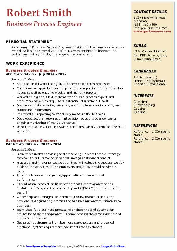 Business Process Re Engineering Sample Resume Business Process Engineer Resume Samples