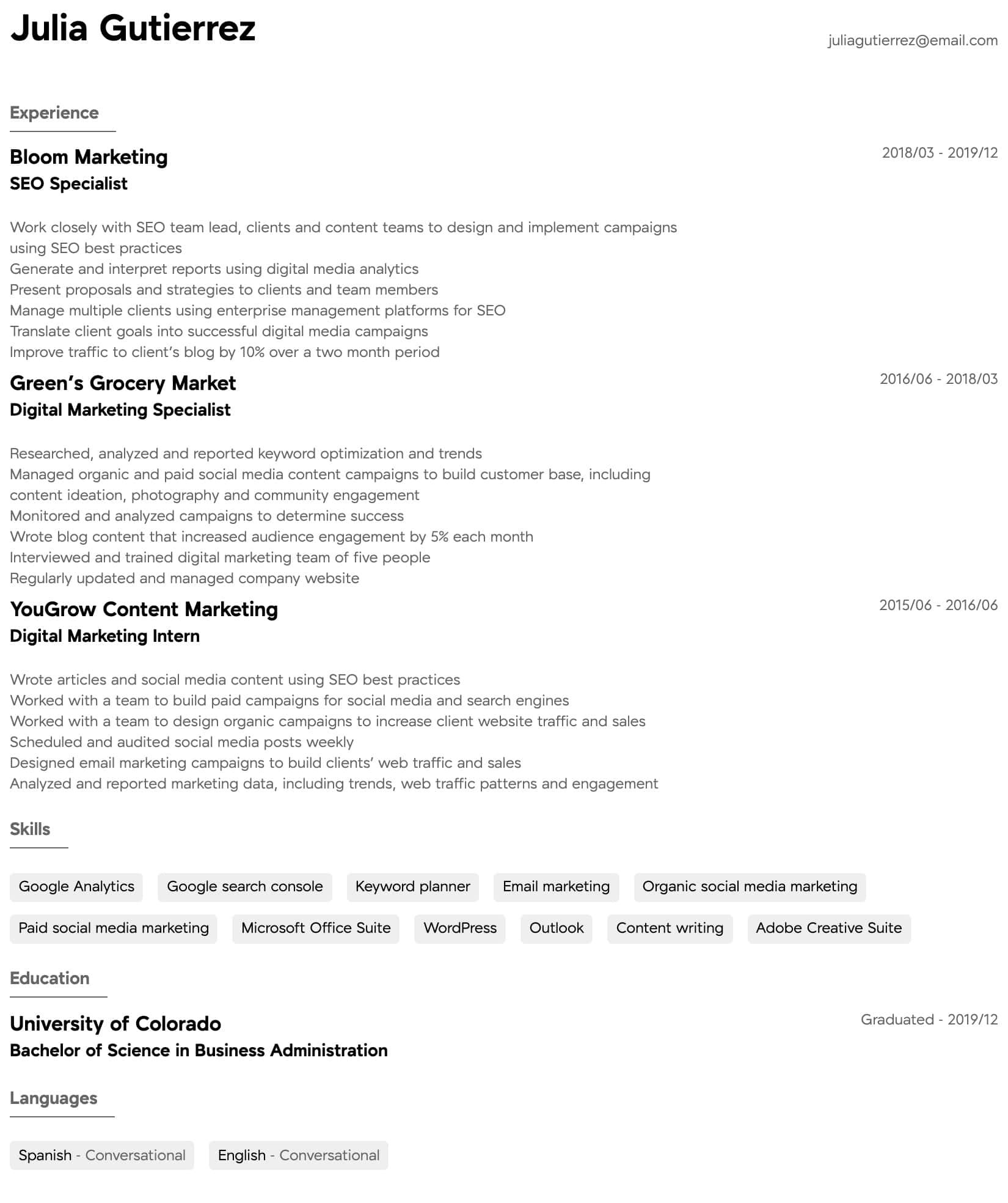Digital Marketing Resume Sample for Freshers Digital Marketing Resume Samples All Experience Levels Resume …