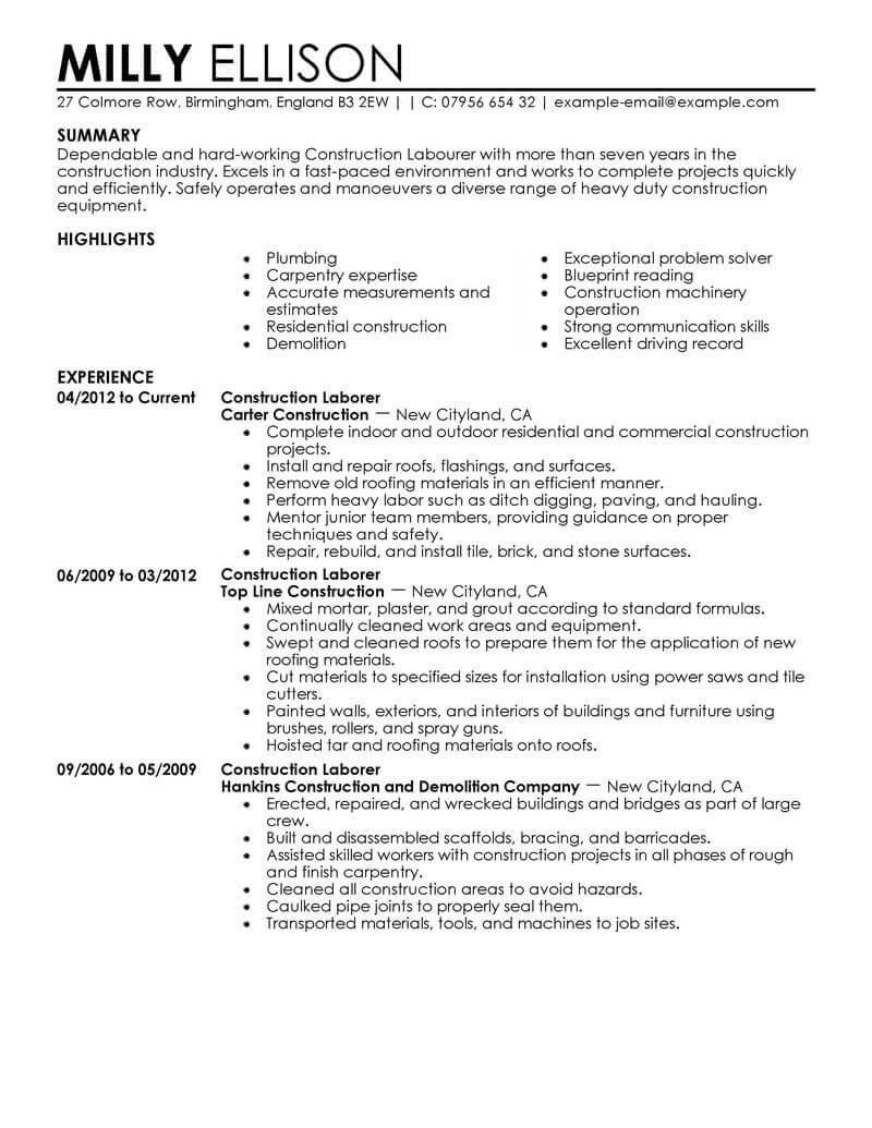 Free Resume Templates for Construction Workers Best Construction Labor Resume Example From Professional Resume …