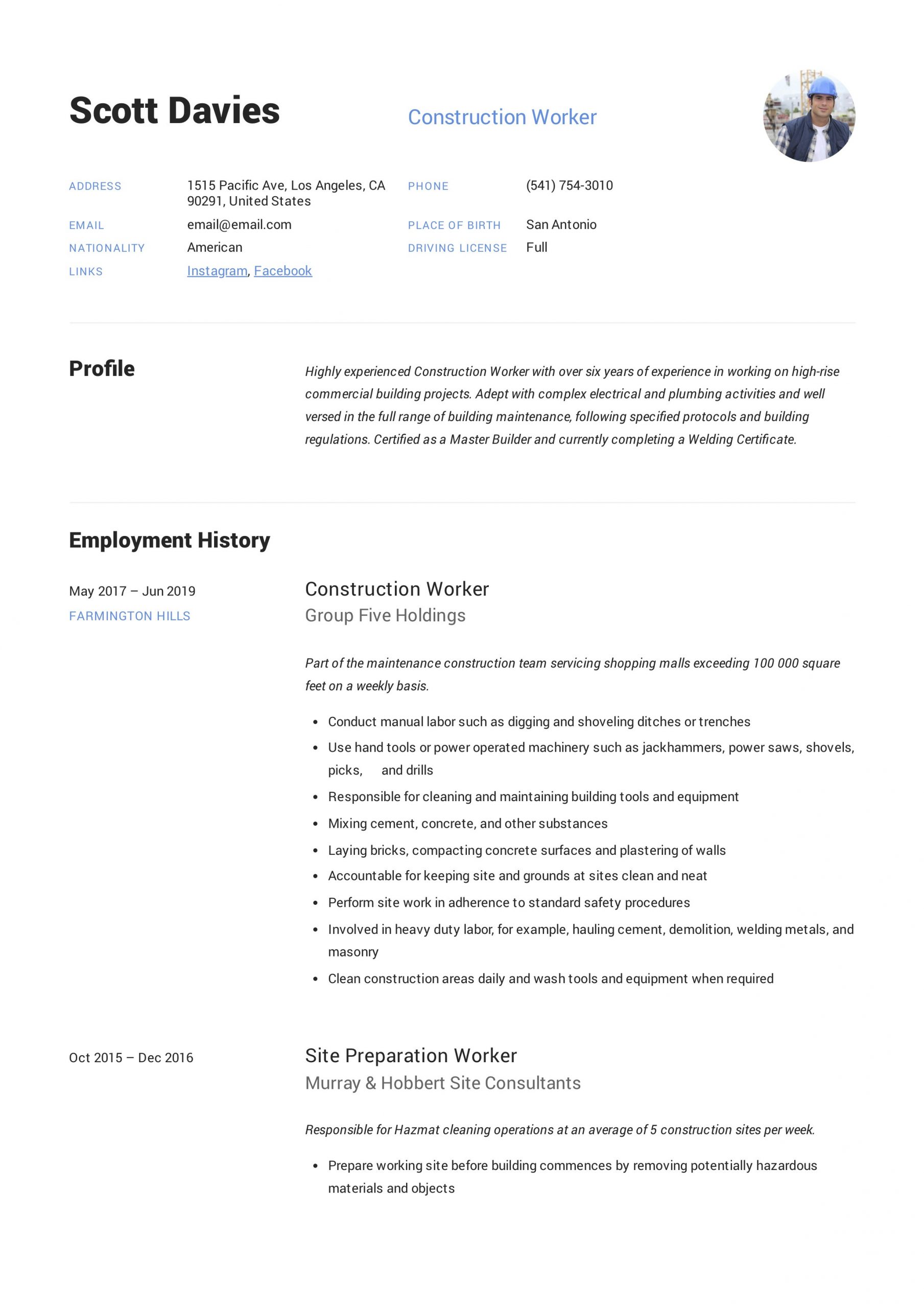 Free Resume Templates for Construction Workers Construction Worker Resume & Writing Guide  12 Templates 2020