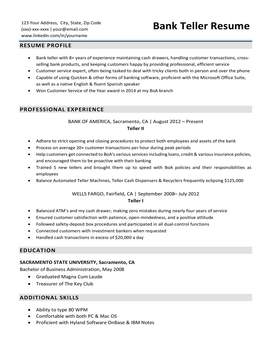 Free Sample Resume for Bank Teller Bank Teller Resume Sample & Writing Tips