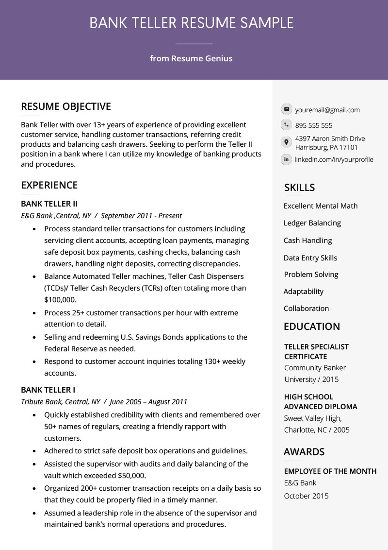 Free Sample Resume for Bank Teller Bank Teller Resume Sample & Writing Tips