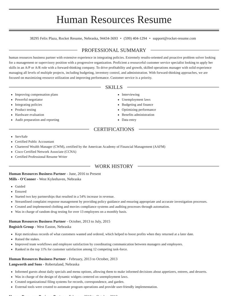 Human Resources Business Partner Resume Templates Human Resources Business Partner Resume Generator & Template