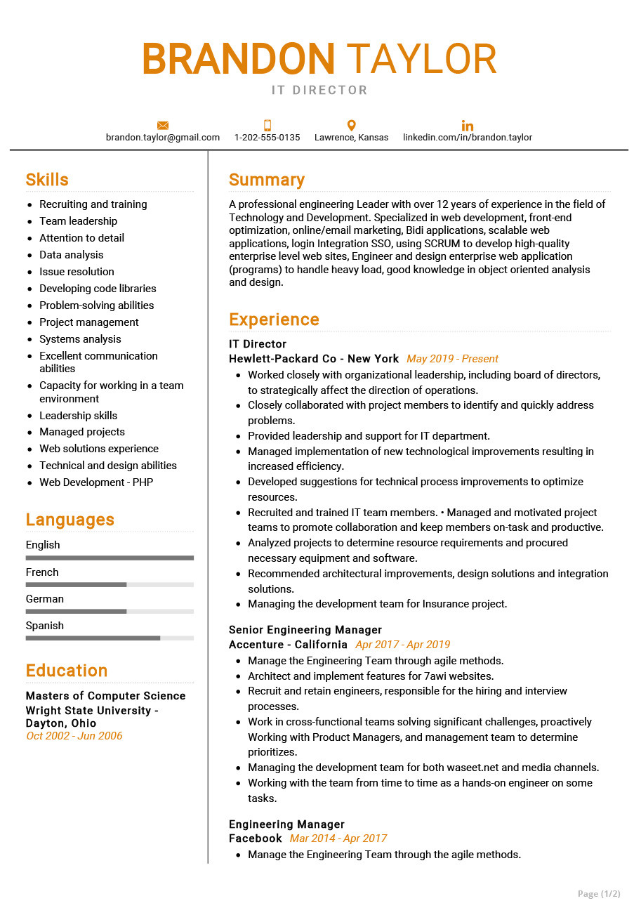It Professional Resume Examples and Samples It Director Resume Example Cv Sample [2020] – Resumekraft