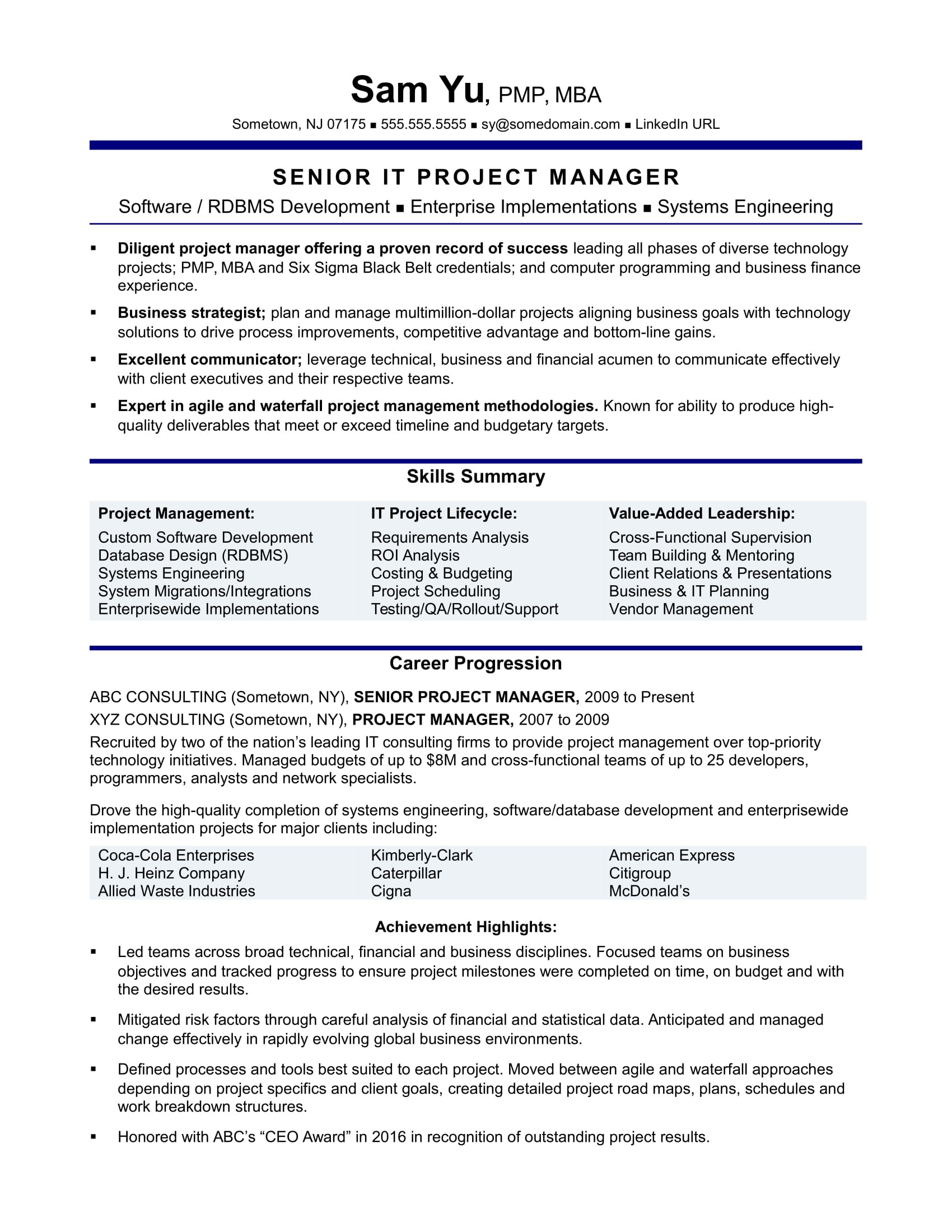 It Project Manager Resume Template Free Download Experienced It Project Manager Resume Monster.com
