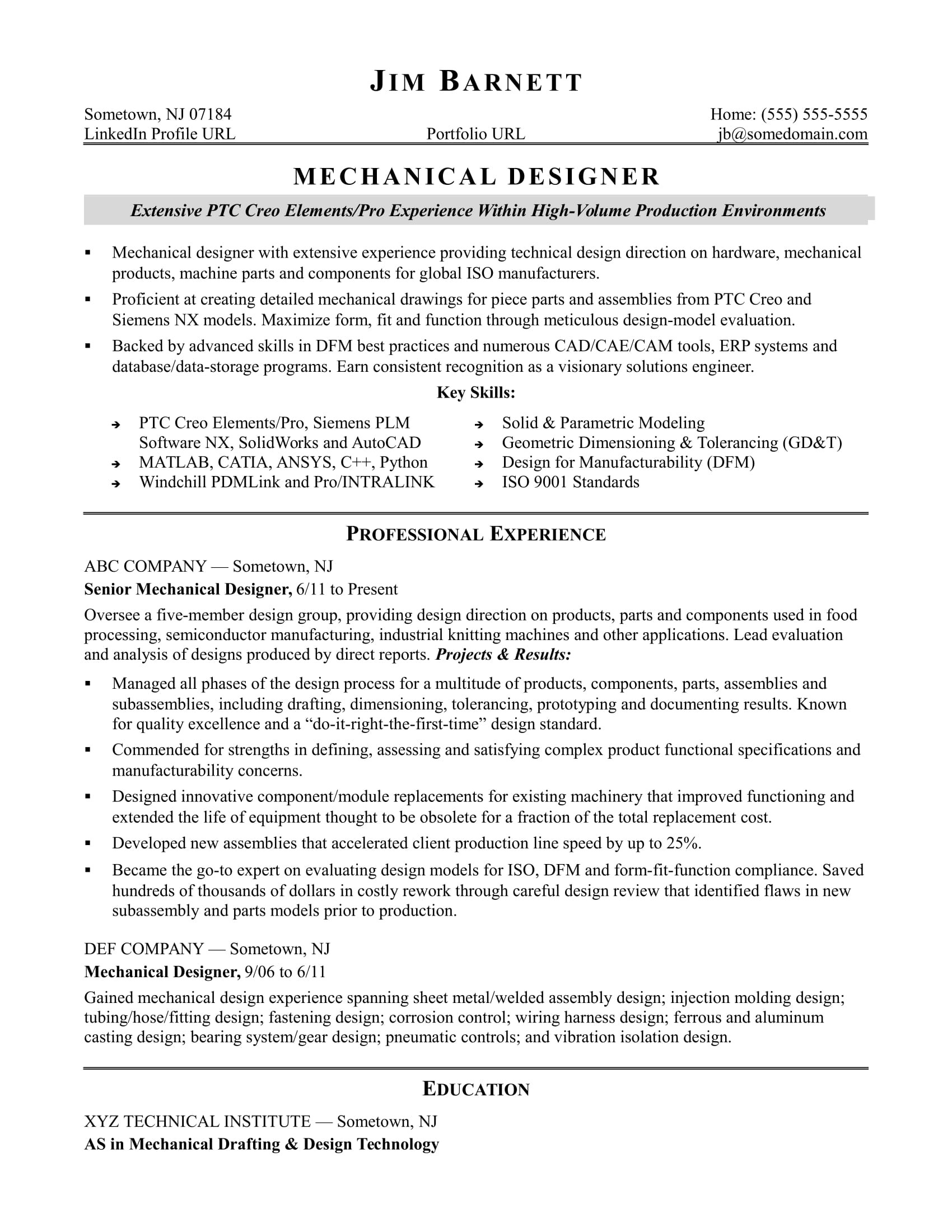 Mechanical Engineering Work Experience Resume Sample Sample Resume for An Experienced Mechanical Designer Monster.com