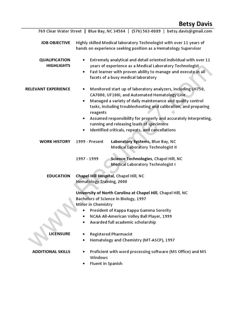 Medical Technologist Resume and Cover Letter Templates Laboratory Technician Resume Sample Pdf Medical Laboratory …