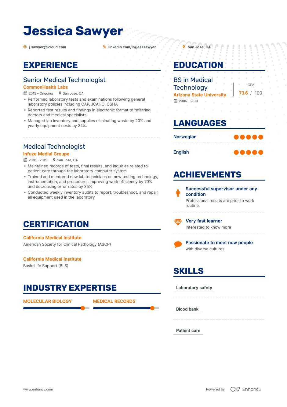 Medical Technologist Resume and Cover Letter Templates Medical Technologist Resume Guide   Examples
