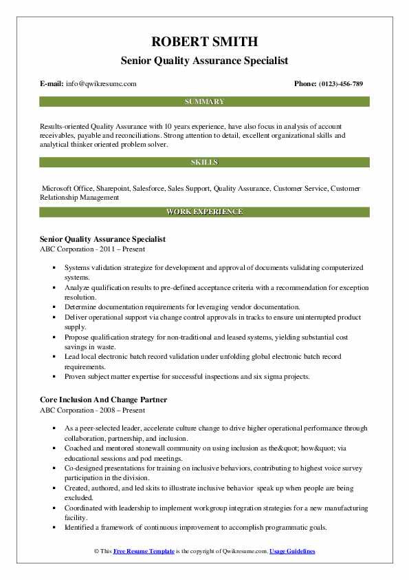 Quality assurance Specialist Qa Resume Sample Quality assurance Specialist Resume Samples