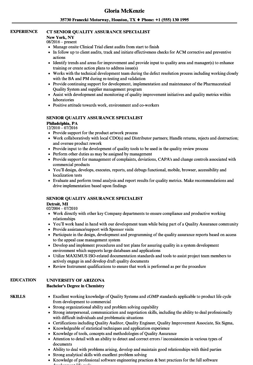 Quality assurance Specialist Qa Resume Sample Senior Quality assurance Specialist Resume Samples