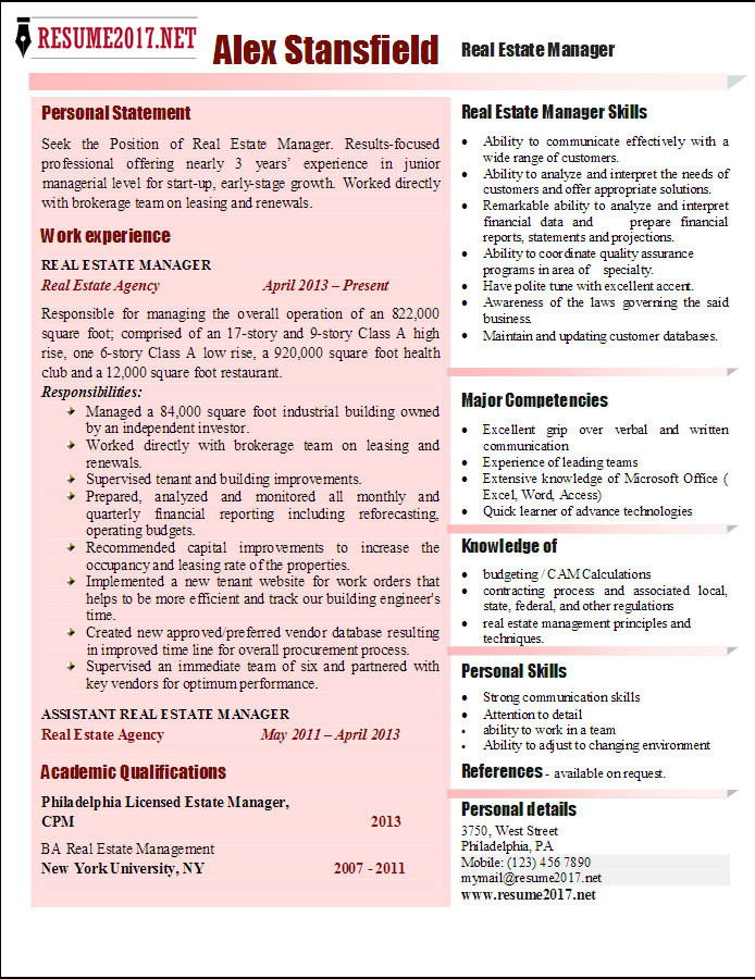 Real Estate Manager Resume Sample India Real Estate Manager Resume 2017 Examples