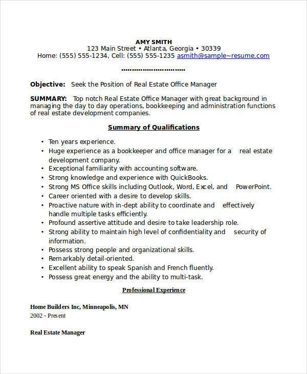 Real Estate Office Manager Resume Sample 22 Manager Resume Templates Pdf Doc