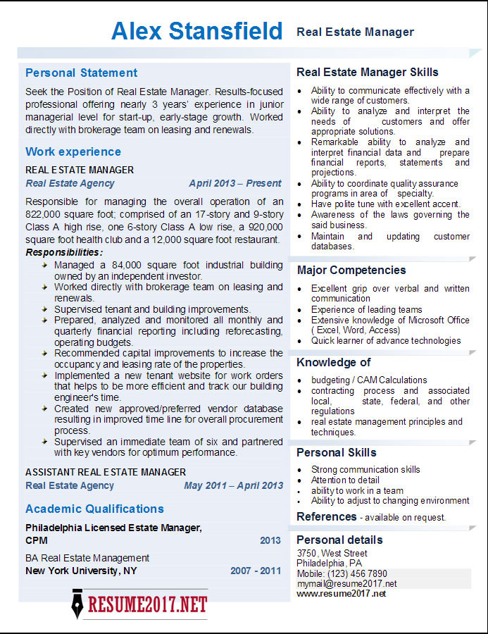 Real Estate Office Manager Resume Sample Real Estate Manager Resume 2017 Examples