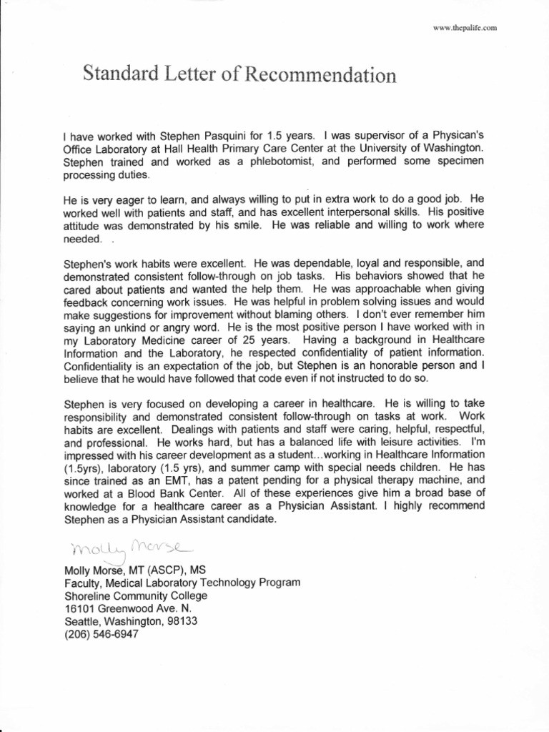 Resume for Letter Of Recommendation Template Physician assistant School Application Recommendation Letter …