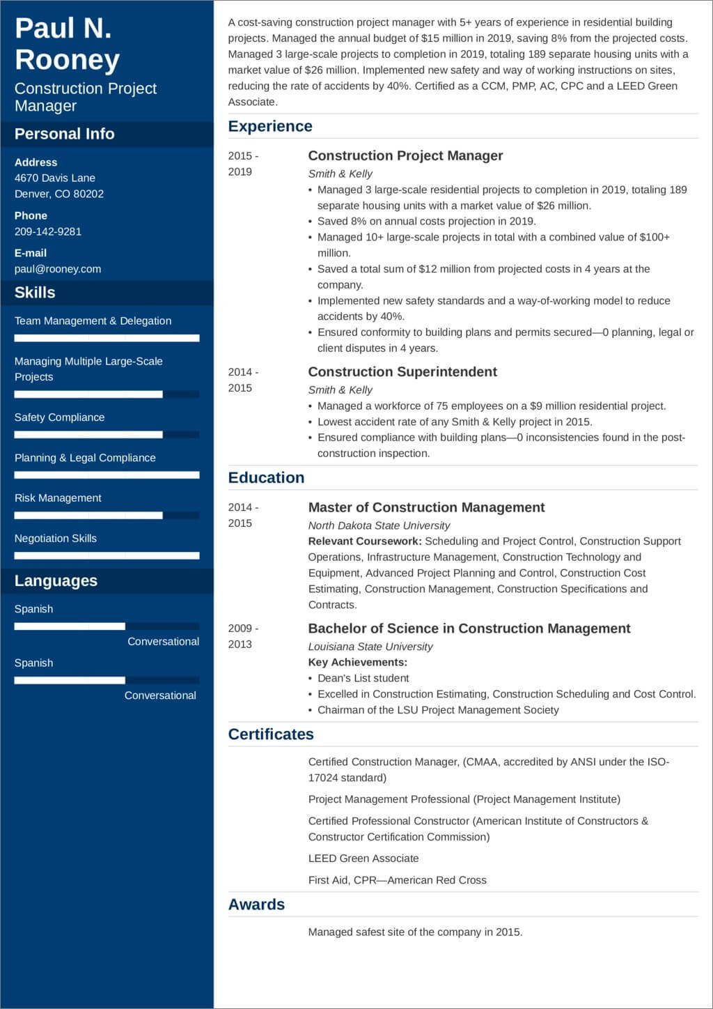 Resume Sample for Construction Project Manager Construction Project Manager Resumeâsample and 25lancarrezekiq Tips