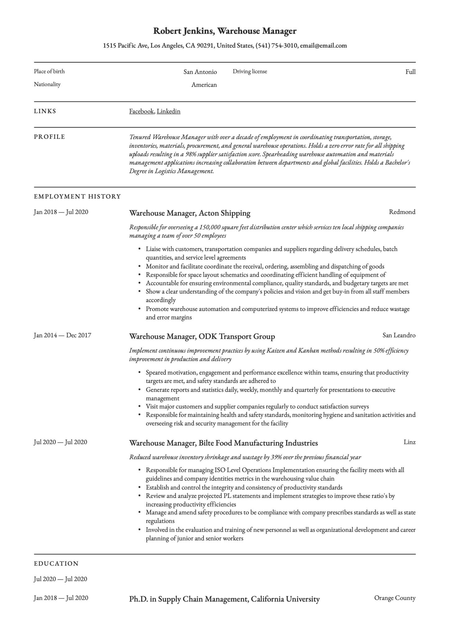 Resume Sample for Warehouse Team Leader Warehouse Manager Resume & Writing Guide  18 Templates