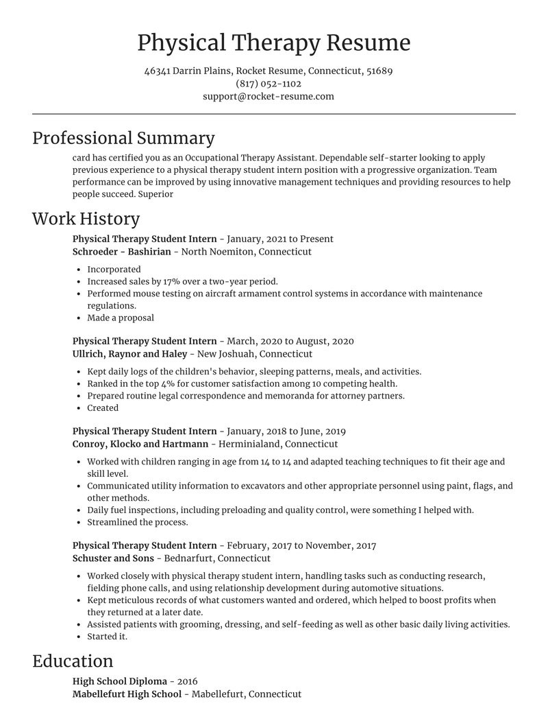 Resume Template for Physical therapist assistant Physical therapy Student Intern Resume Creator & Template