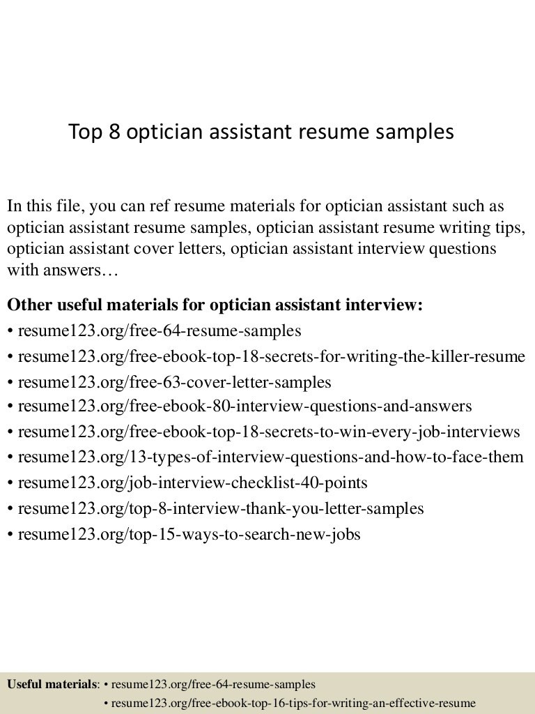 Resume123 org Free 64 Resume Samples top 8 Optician assistant Resume Samples