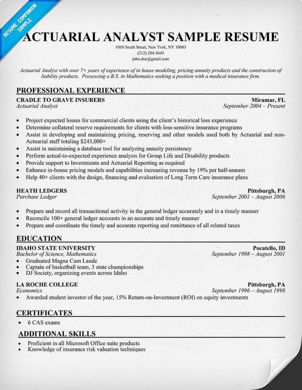 Sample Entry Level Actuarial Science Resume Actuarial Analyst Resume Sample