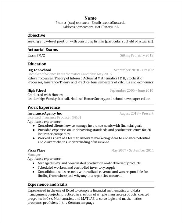 Sample Entry Level Actuarial Science Resume Actuarial Resume Template 5 Free Word Pdf Documents