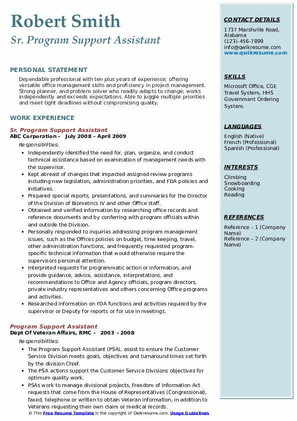 Sample Federal Resume Program Support assistant Program Support assistant Resume Samples