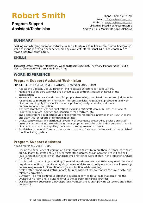 Sample Federal Resume Program Support assistant Program Support assistant Resume Samples