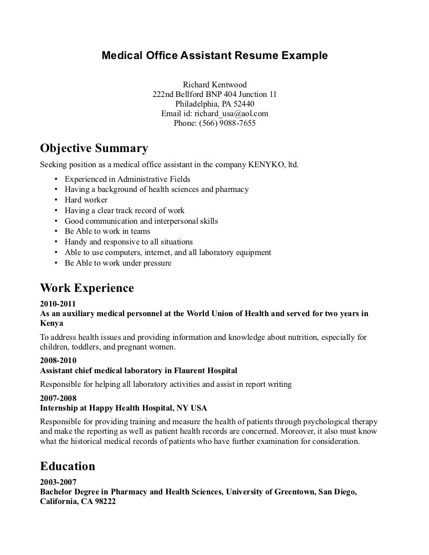 Sample Objectives for Resume In Medical Field Resume Objectives for Medical Office assistant, Medical assistant …