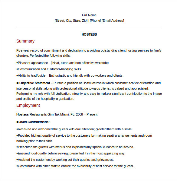 Sample Resume for Air Hostess Fresher Pdf Free 6 Sample Hostess Resume Templates In Ms Word