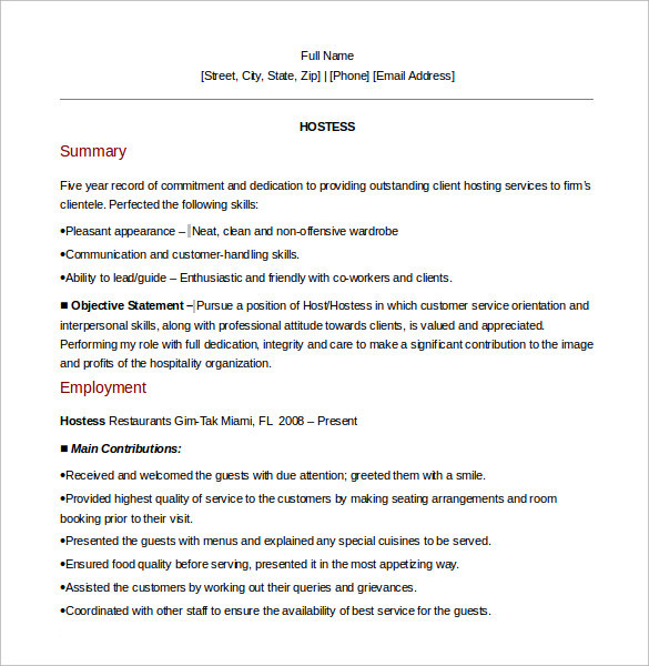 Sample Resume for Air Hostess Fresher Pdf Free 6 Sample Hostess Resume Templates In Ms Word