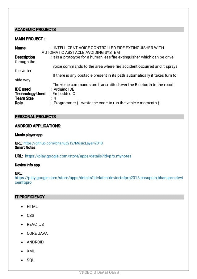 Sample Resume for android Developer Fresher android Developer Resume Fresher
