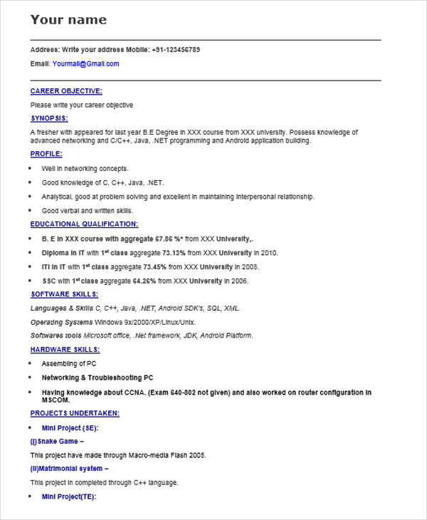 Sample Resume for android Developer Fresher Free 40 Fresher Resume Examples In Psd