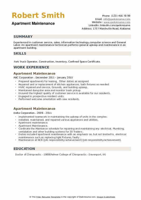 Sample Resume for Apartment Maintenance Worker Apartment Maintenance Resume Samples